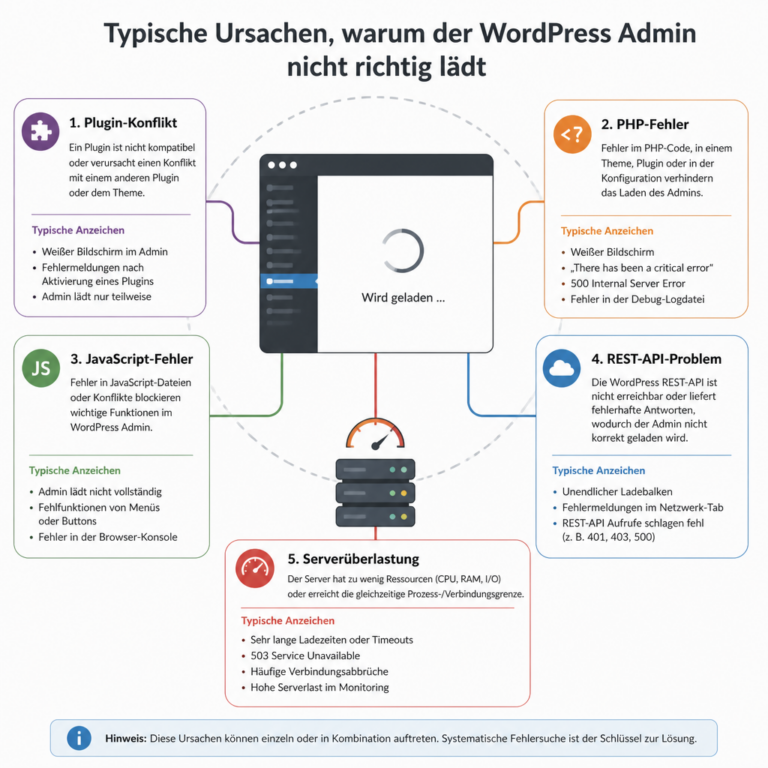 u00dcbersicht typischer Ursachen fu00fcr Probleme im WordPress Admin