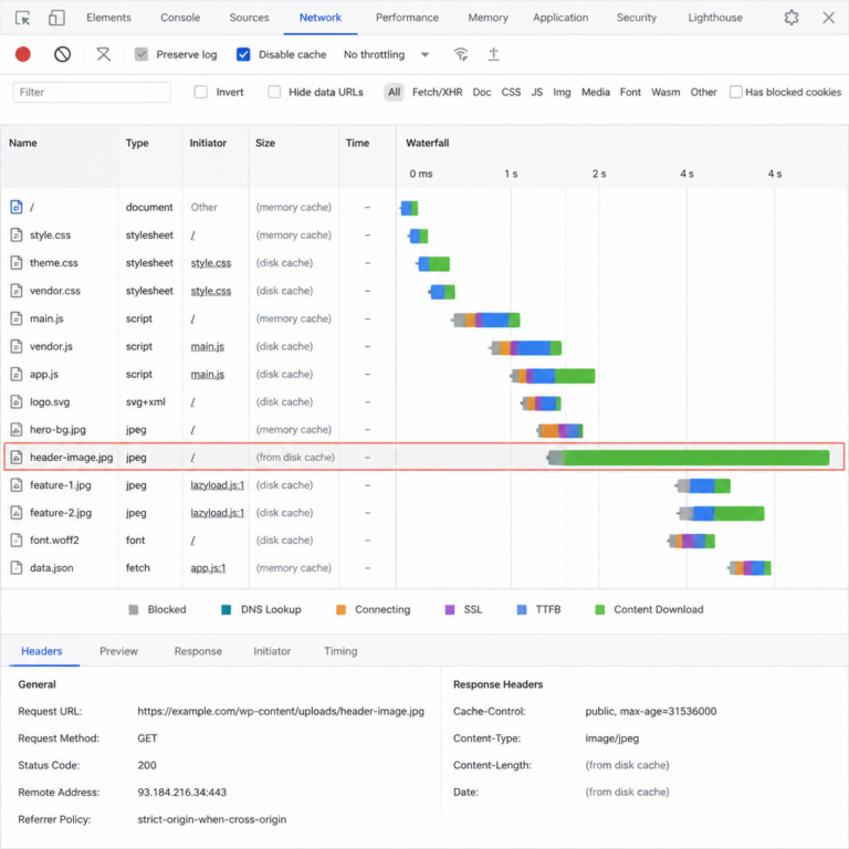 Wasserfall-Diagramm zur Diagnose langsamer Bildanfragen in WordPress