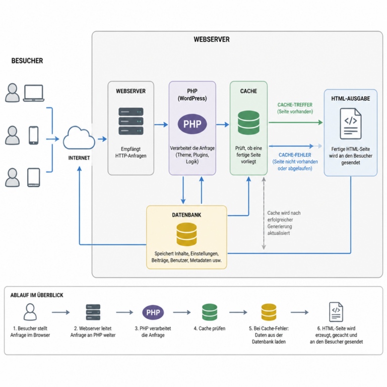 Schematische Darstellung von PHP, Cache und Datenbank bei WordPress