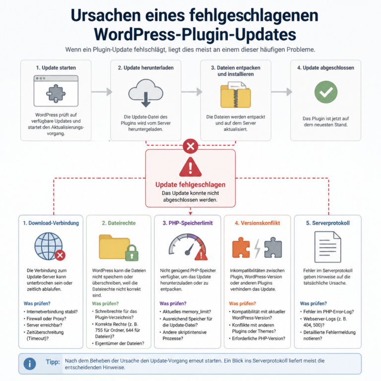 u00dcbersicht mu00f6glicher Ursachen fu00fcr ein fehlgeschlagenes WordPress-Plugin-Update