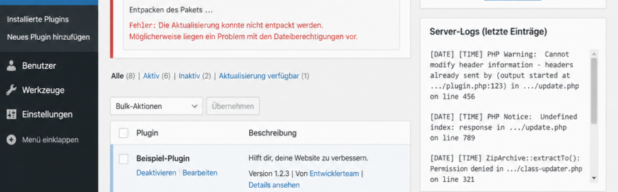 WordPress-Administrationsbereich mit fehlgeschlagenem Plugin-Update und Hinweisen zur Fehleranalyse