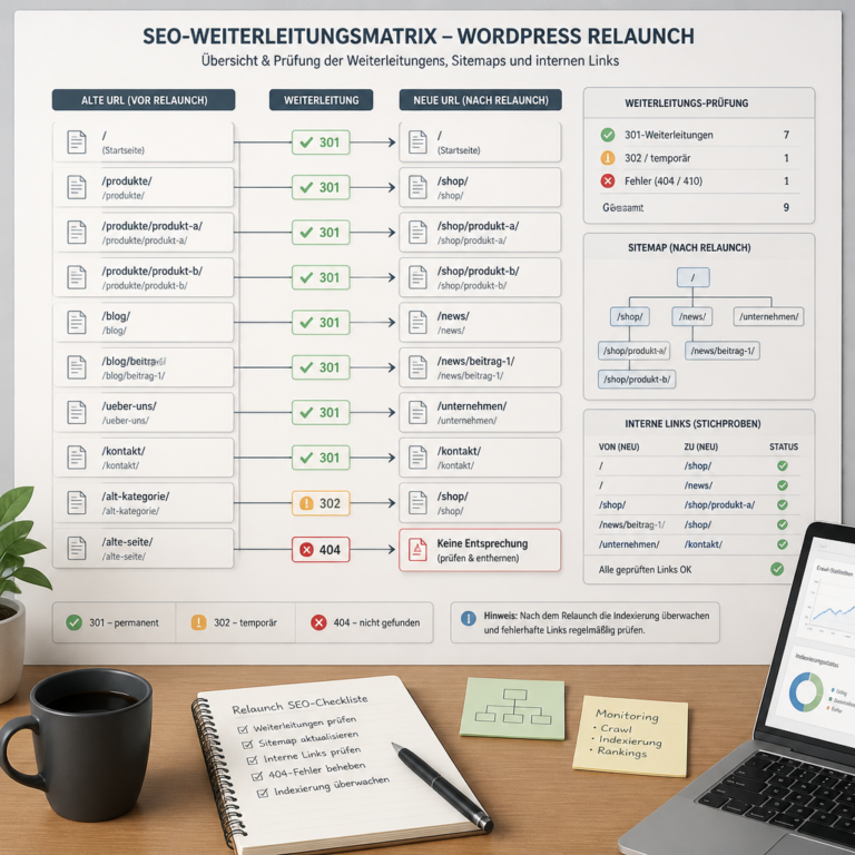 Weiterleitungsmatrix und SEO-Pru00fcfung bei einem WordPress-Relaunch