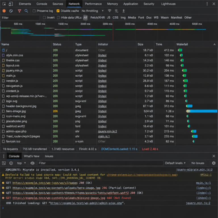 Browser-Entwicklertools zeigen fehlende Ressourcen einer teilweise geladenen WordPress-Seite
