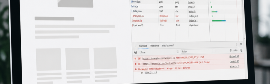Analyse einer WordPress-Seite, die nur teilweise lädt, mit Browser-Konsole und Netzwerkübersicht