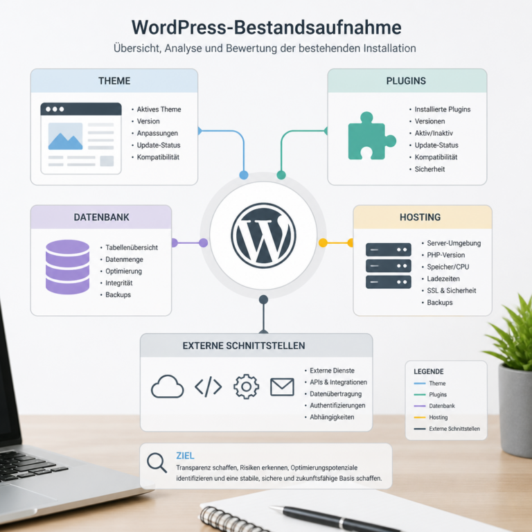 Diagramm zur Erfassung von Theme-, Plugin- und Server-Abhu00e4ngigkeiten in WordPress