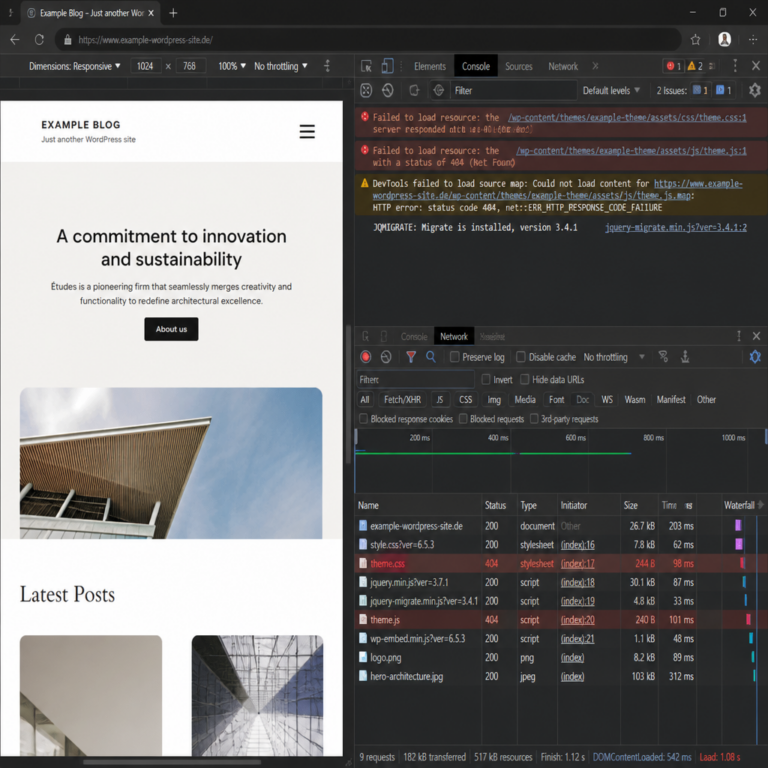 Browser-Konsole und Website-Vorschau bei der WordPress-Fehlersuche