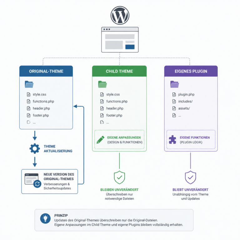 Schematische Trennung von Original-Theme, Child Theme und eigenem Plugin