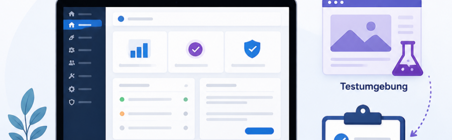 Schematische Darstellung eines sicheren WordPress-Update-Prozesses mit Backup und Testumgebung