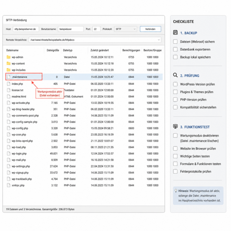 Markierte .maintenance-Datei im WordPress-Hauptverzeichnis