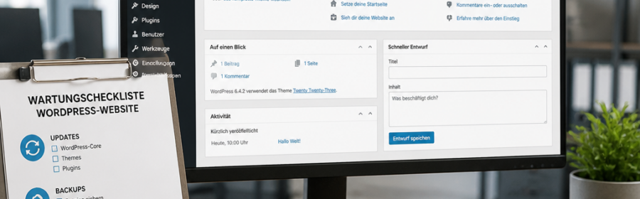 Unternehmenswebsite mit WordPress-Wartungscheckliste für Updates, Backups und Sicherheit