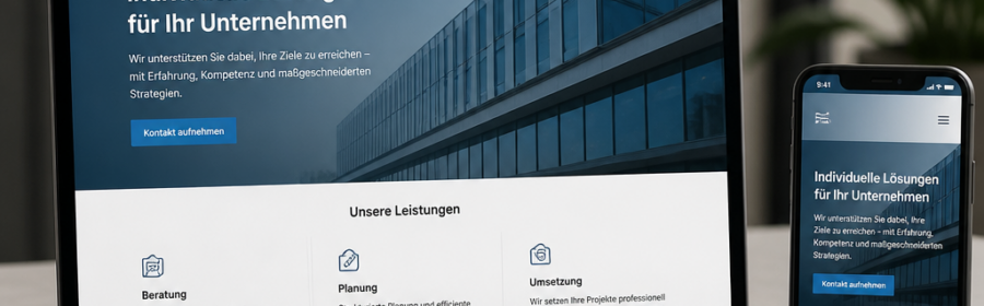 WordPress Website mit klarer Leistungsbeschreibung und gut sichtbarer Kontaktmöglichkeit auf Laptop und Smartphone