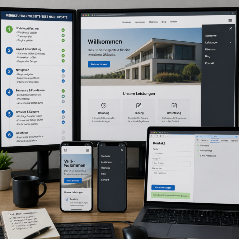 Mehrstufige Pru00fcfung einer WordPress Website nach einem Update auf Desktop und Smartphone