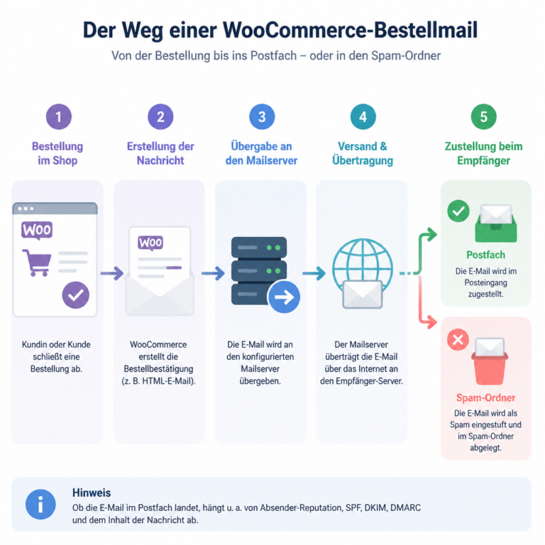 Technischer Ablauf einer WooCommerce-Bestellmail von der Bestellung bis zum Postfach