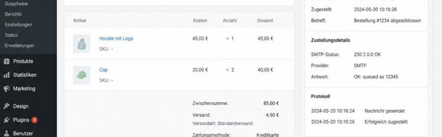 WooCommerce-Bestellung mit Bestellstatus und E-Mail-Zustellungsprüfung