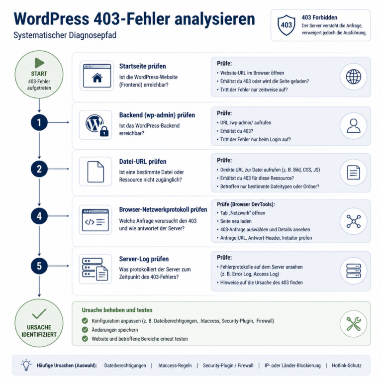 Diagnosepfad zur systematischen Analyse eines WordPress 403 Fehlers