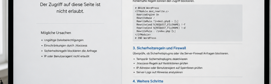 Analyse eines WordPress 403 Fehlers mit Browser, Serverprotokoll und technischen Einstellungen