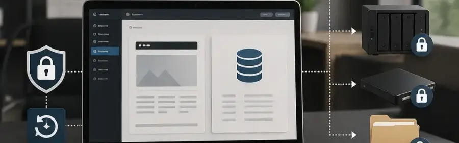 Schematische Darstellung einer WordPress Backup Strategie für ein Unternehmen mit getrennten Speicherorten und Wiederherstellungsplanung