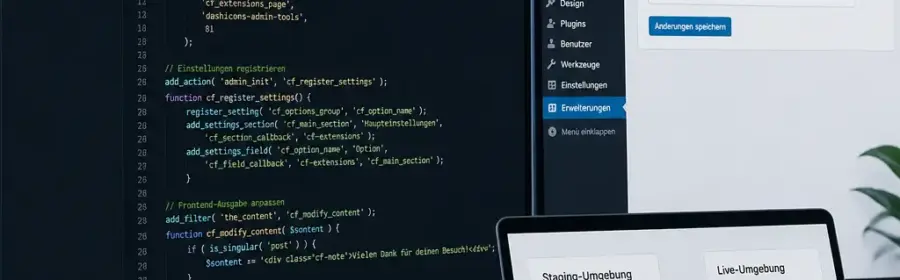 Übersichtliche Darstellung der Anpassung eines bestehenden WordPress-Plugins in einer Staging-Umgebung
