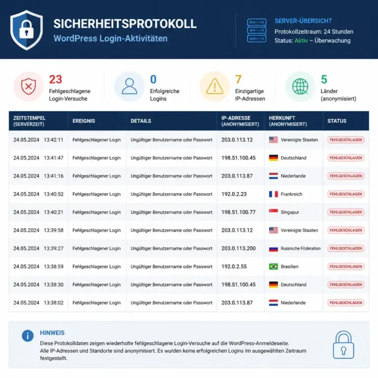 Anonymisiertes Protokoll mit wiederholten fehlgeschlagenen WordPress-Anmeldungen