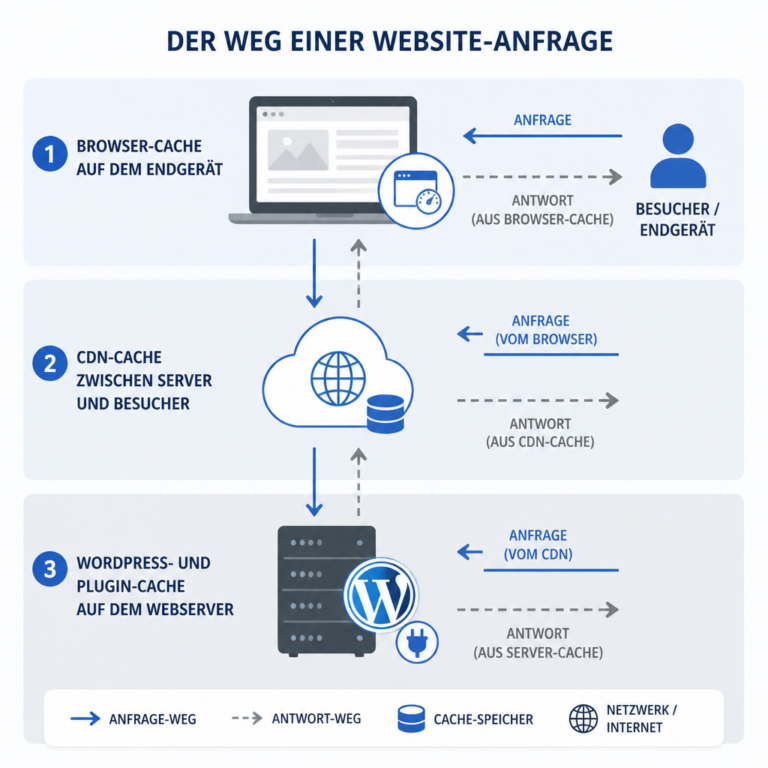 Schematische Darstellung von Browser-, WordPress-, Server- und CDN-Cache