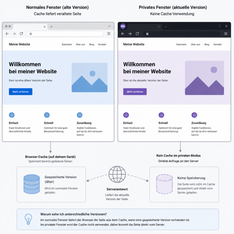 Vergleich einer alten und einer aktuellen WordPress-Seite zur Cache-Fehlersuche