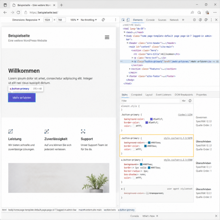 WordPress-Element in den Browser-Entwicklertools mit aktiver und durchgestrichener CSS-Regel.