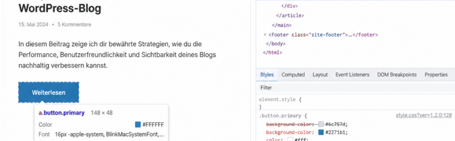 Browser-Entwicklertools zeigen aktive und überschreibende CSS-Regeln bei einer WordPress-Seite.