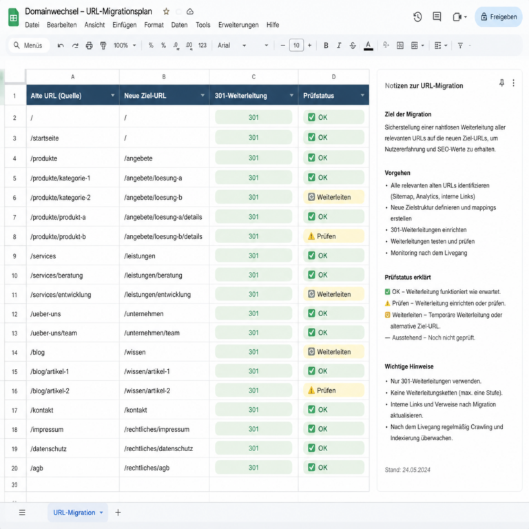 Anonymisierte Weiterleitungsmatrix fu00fcr einen WordPress-Domainwechsel