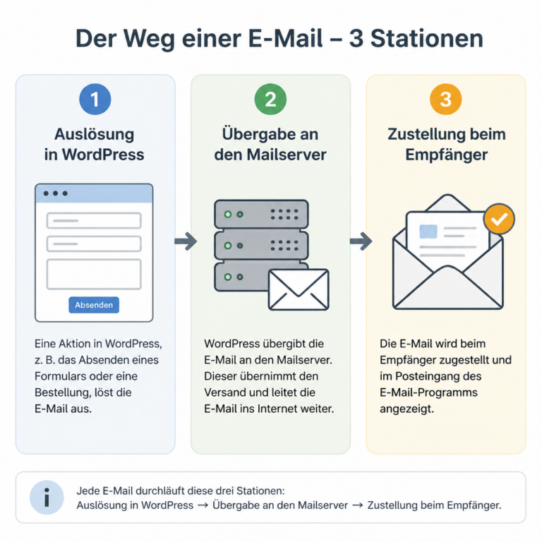 Die drei Stationen vom WordPress-Auslu00f6ser bis zur E-Mail-Zustellung