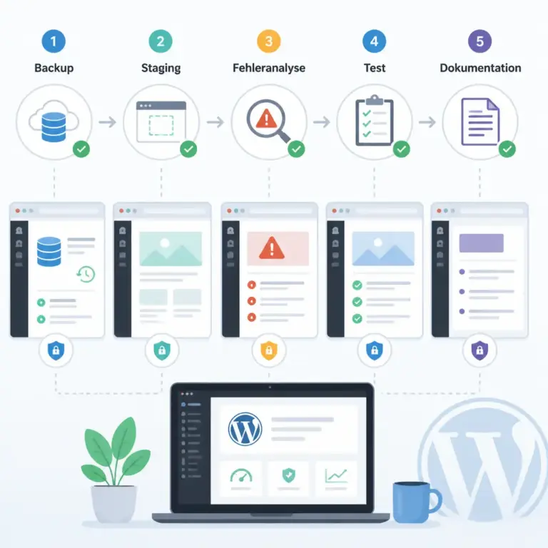Sicherer Ablauf einer kurzfristigen WordPress-Fehleranalyse mit Backup und Staging
