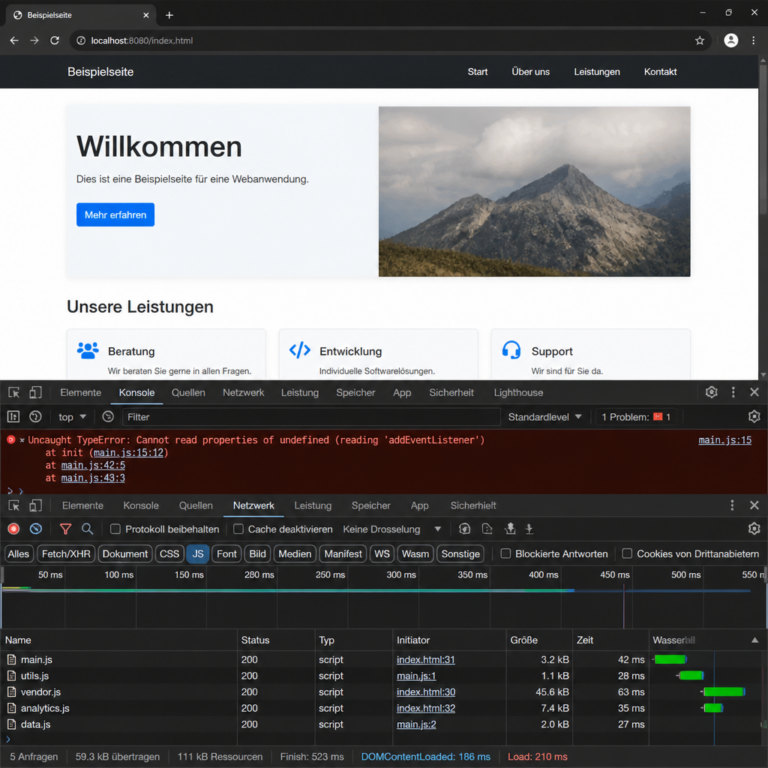 Browser-Konsole und Netzwerk-Tab zur Analyse eines WordPress-JavaScript-Fehlers