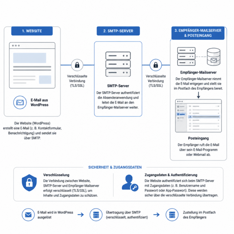 Schematische Darstellung des SMTP-Versands eines WordPress-Kontaktformulars