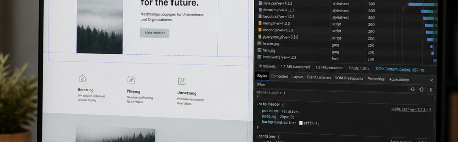 WordPress Layout mit geöffneten Entwicklertools zur systematischen Fehlersuche
