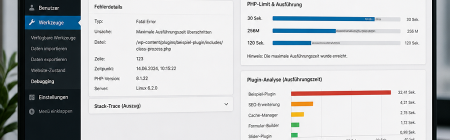 Analyse eines WordPress Maximum Execution Time Fehlers mit PHP-Limit und Plugin-Prozess