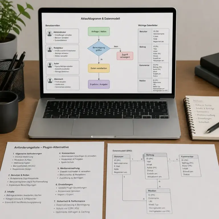 Anforderungsanalyse fu00fcr eine individuelle WordPress Plugin-Alternative mit Ablaufdiagramm