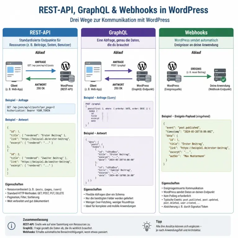 Vergleich von REST-API, GraphQL und Webhooks bei einer WordPress-Integration