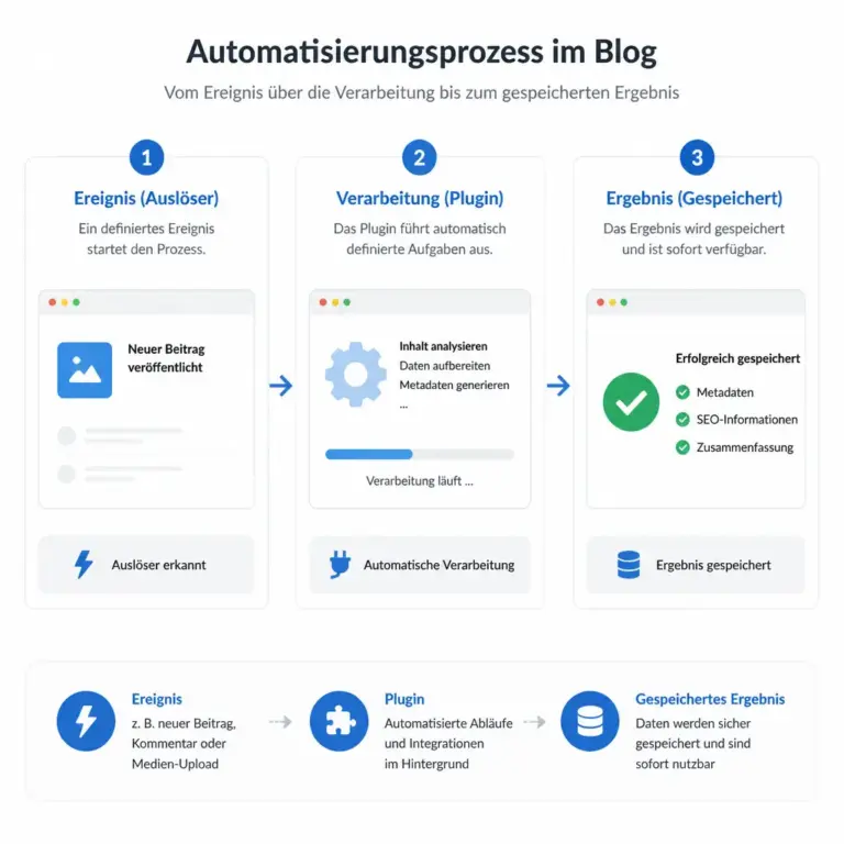 Die drei Schritte einer WordPress Plugin-Automatisierung: Auslu00f6ser, Verarbeitung und Ergebnis