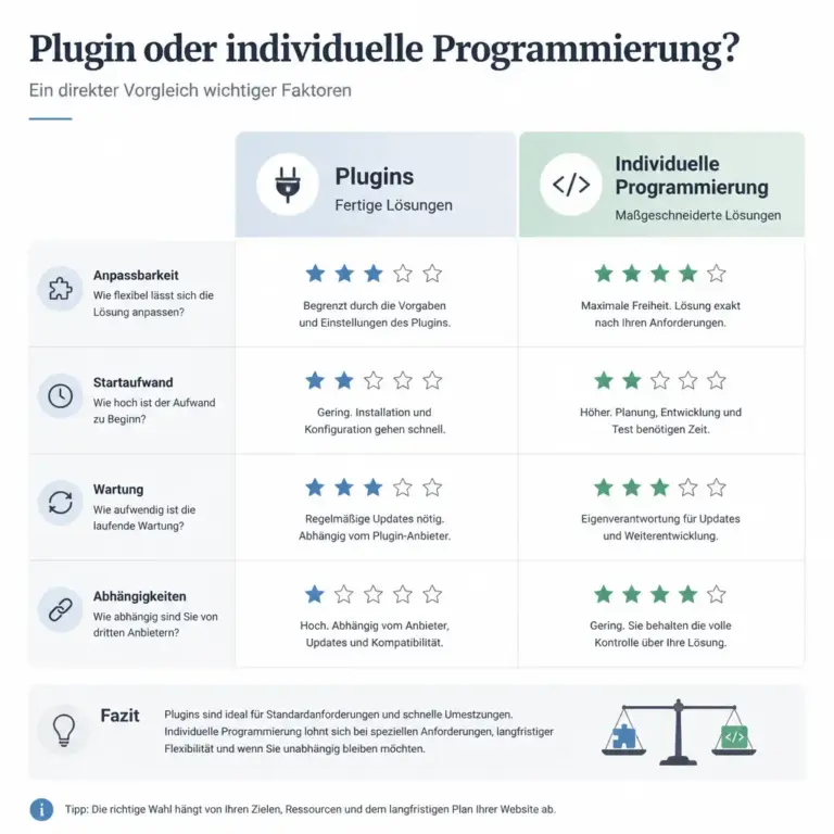 Infografik zum Vergleich von WordPress Plugin und individueller Programmierung