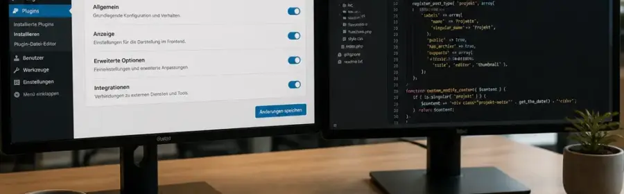 Vergleich zwischen WordPress Plugin und individueller Programmierung an zwei Bildschirmen