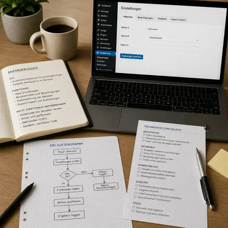 Planung einer WordPress Plugin-Erweiterung mit Ablaufdiagramm und Checkliste