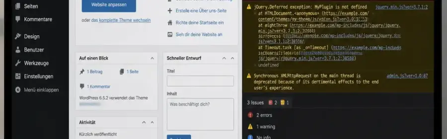 WordPress-Backend mit fehlender Plugin-Funktion und geöffneten Entwicklerwerkzeugen zur Fehlersuche