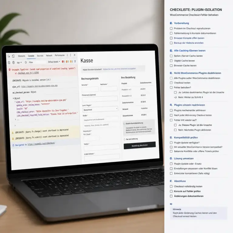 Browser-Konsole und Checkliste zur Eingrenzung eines WooCommerce-Plugin-Konflikts