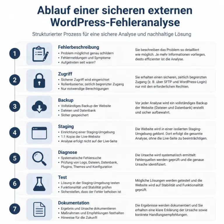 Ablauf einer sicheren externen WordPress-Fehleranalyse