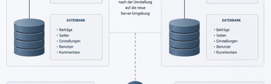 Schematische Darstellung eines geplanten WordPress Serverumzugs mit Backup, Testumgebung und DNS-Umschaltung