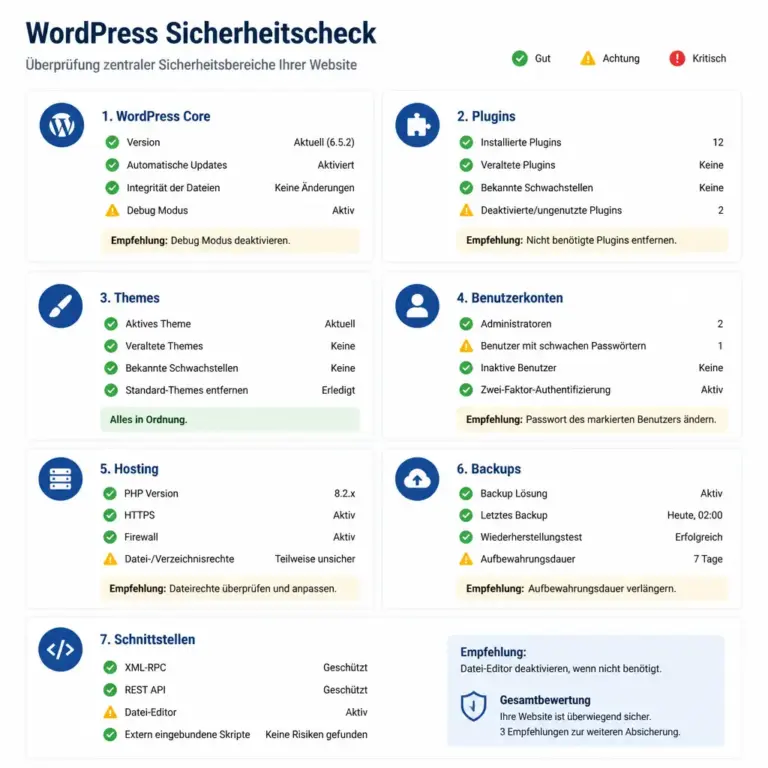 Pru00fcfbereiche eines WordPress Sicherheitschecks fu00fcr Unternehmen