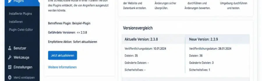 WordPress-Plugin mit Sicherheitswarnung, Versionsprüfung und Backup-Schutz
