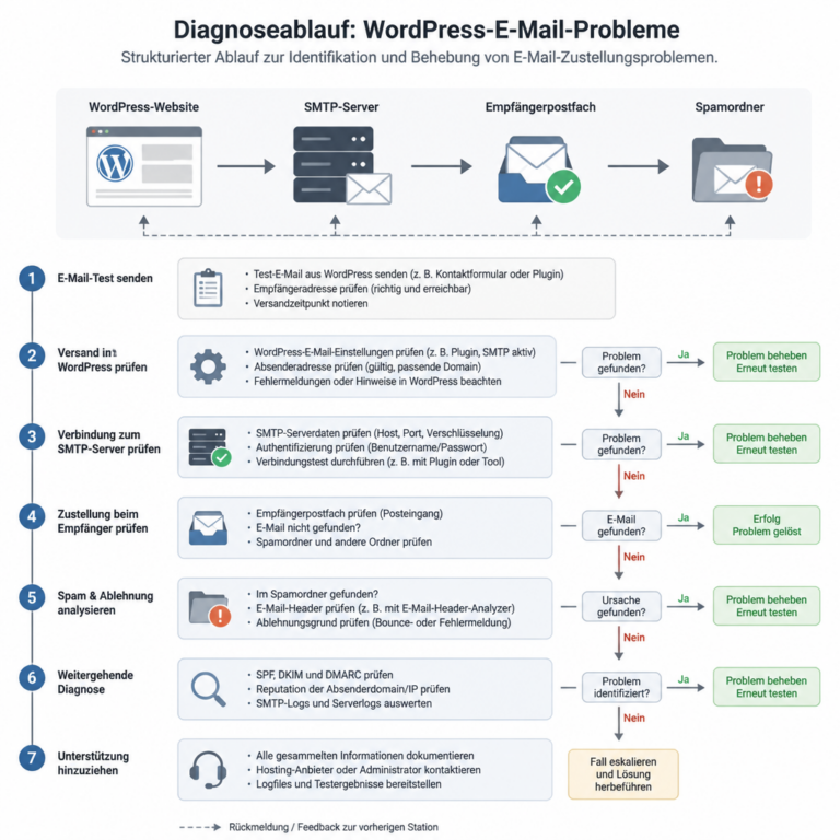 Diagnoseweg von WordPress u00fcber den SMTP-Server bis zum Empfu00e4ngerpostfach