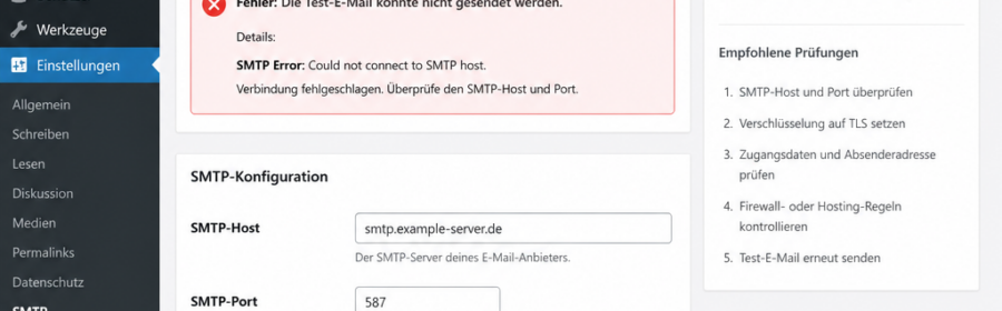 Übersicht einer SMTP-Fehleranalyse für WordPress mit Testmail und Verbindungseinstellungen