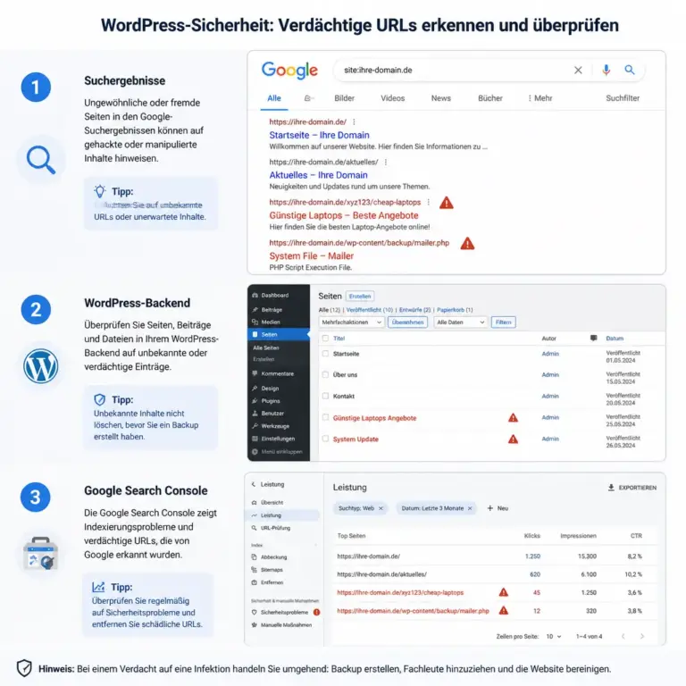 Warnzeichen fu00fcr WordPress Spam Seiten in Google im Suchindex und Backend