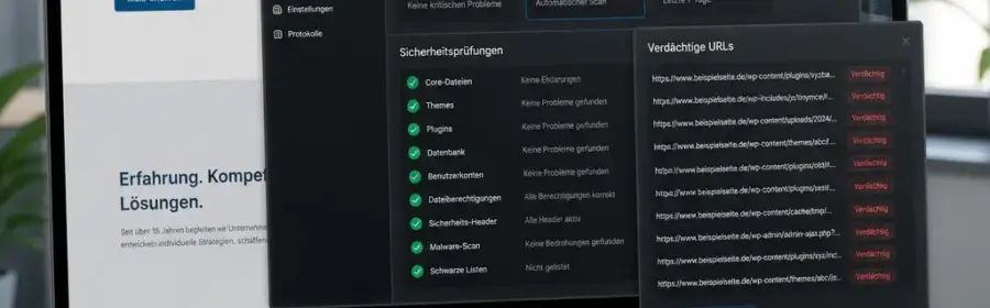 Analyse verdächtiger WordPress Spam Seiten und Suchergebnisse auf einem Monitor